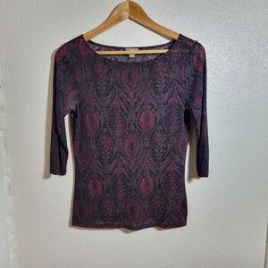 y2k J Jill Paisley Geo Print Sheer Mesh Boat Neck Top Whimsygoth Fairy Grunge S